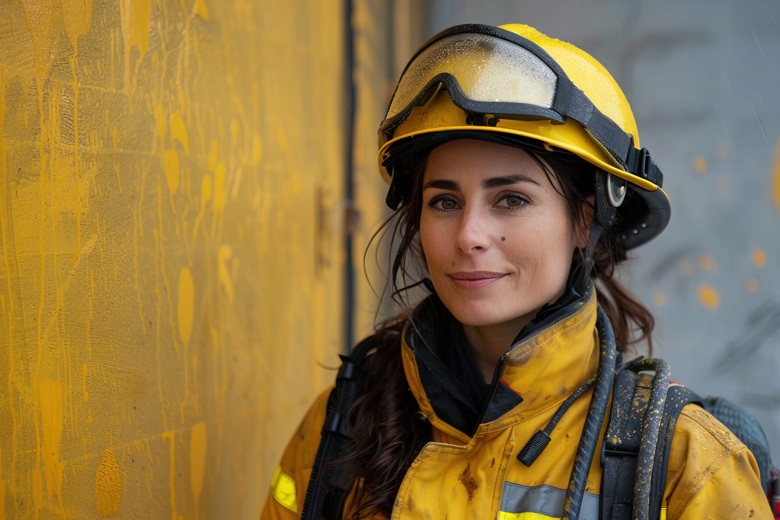 Profissional de proteção e socorro com capacete e equipamento de proteção