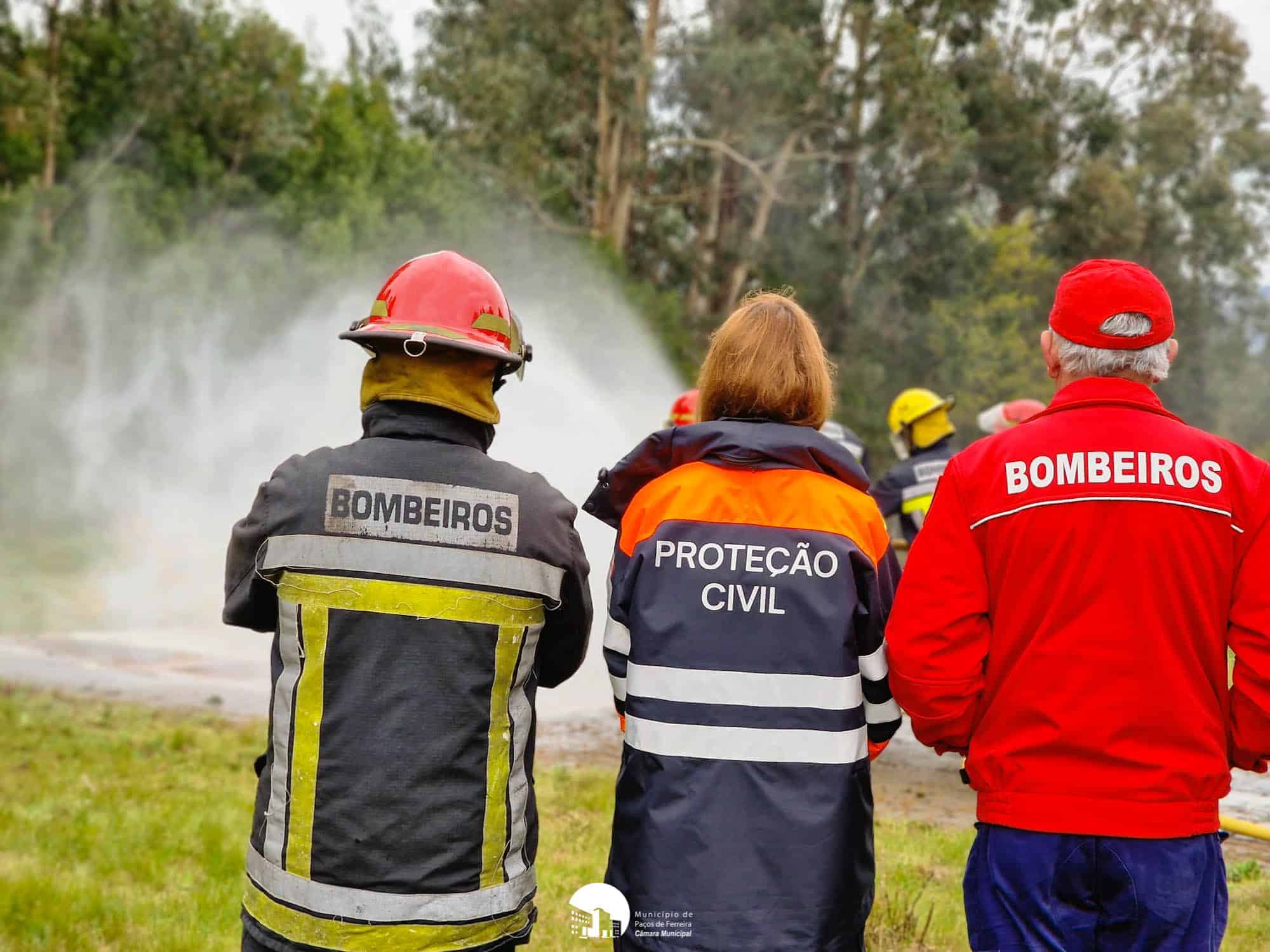 Equipas de bombeiros e de proteção civil numa ação no terreno
